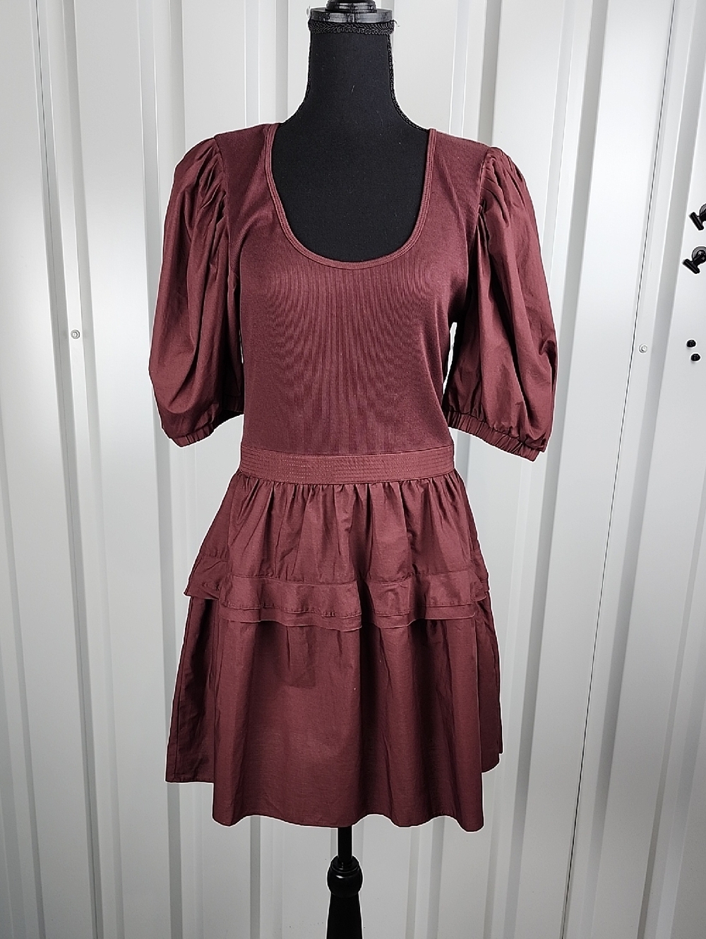 Ulla Johnson Tilda Puff Sleeve Mixed Media Tiered Mini Dress Burgundy Size Med